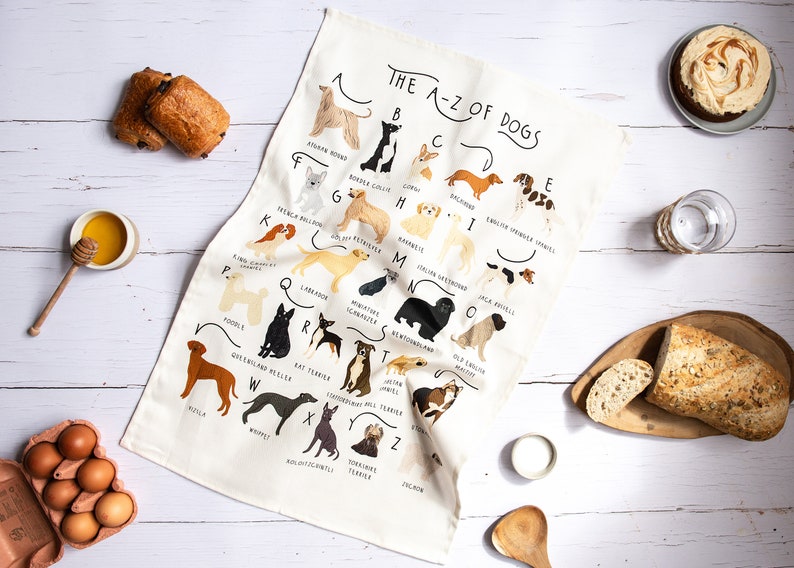 Dogs Tea Towel, A-Z of Dogs Tea Towel, Illustrated Tea Towel, Dog Homewares, Dog lovers Gift, Kitchen Accessories Gift, Tea Towel image 1