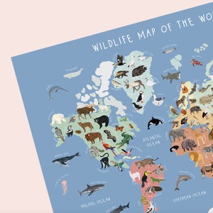 Wildlife Map of the World, Wildlife Map Print, World Map Print, Kids ...