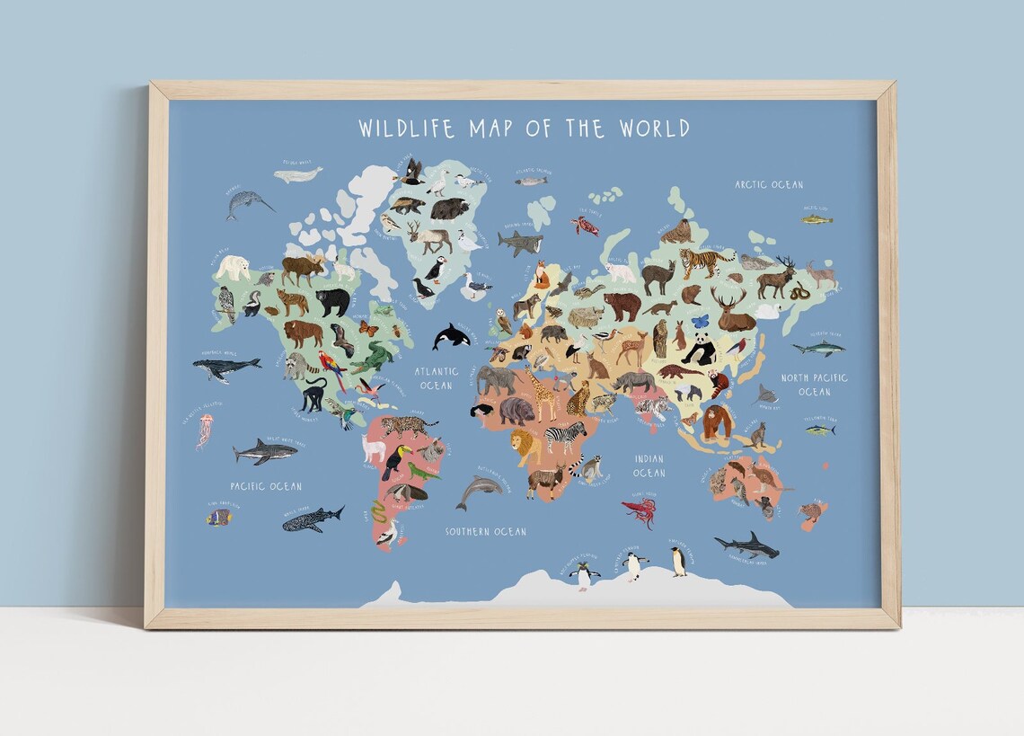 Wildlife Map of the World, Wildlife Map Print, World Map Print, Kids ...