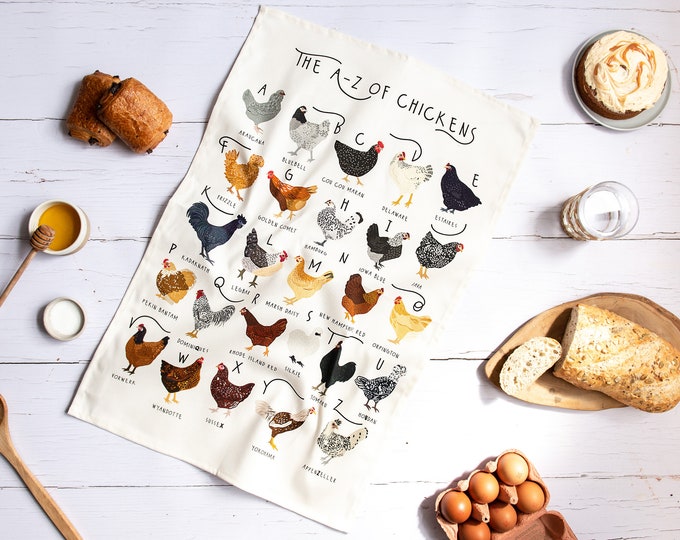 Chicken Tea Towel, AZ of Chickens Tea Towel, Illustrated Tea Towel