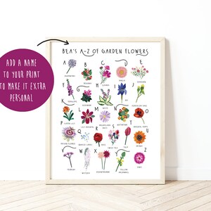 May include: A framed print titled "Bea's A-Z of Garden Flowers" displays an illustrated alphabet of garden flowers. The print includes the text "Add a name to your print to make it extra personal" in a purple circle.