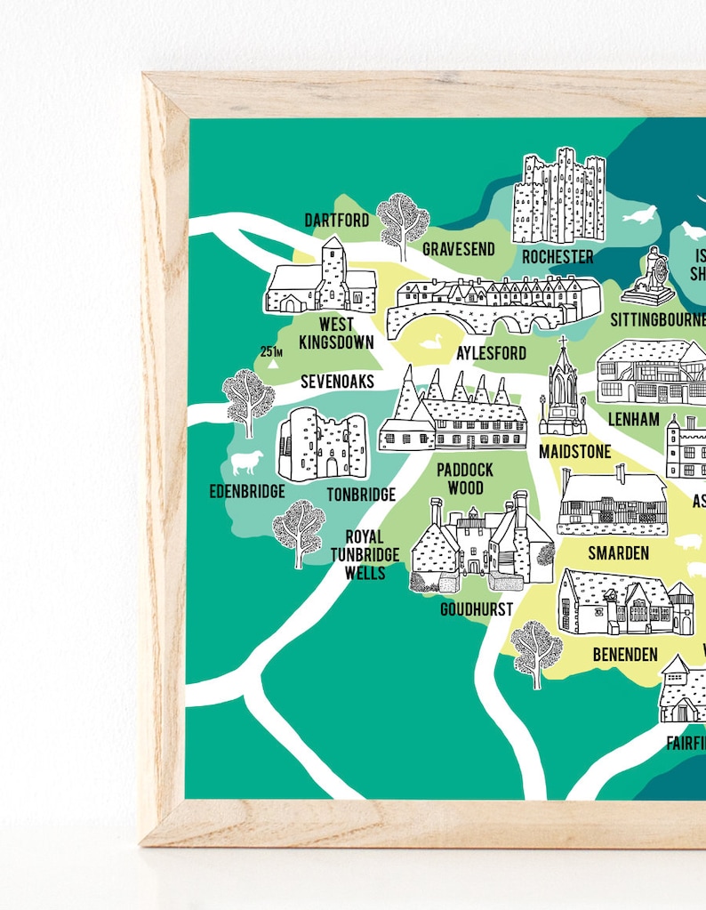 Kent Map Illustrated Map Kent Gifts Map of Kent Kent Art Etsy UK