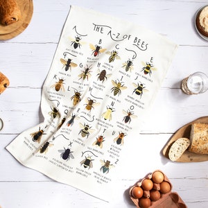 Bee Tea Towel, A-Z of Bees Tea Towel, Illustrated Tea Towel, Bumble Bee Homewares, Bee Gift, Kitchen Accessories Gift, Tea Towel