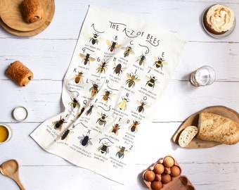 Bee Tea Towel, A-Z of Bees Tea Towel, Illustrated Tea Towel, Bumble Bee Homewares, Bee Gift, Kitchen Accessories Gift, Tea Towel