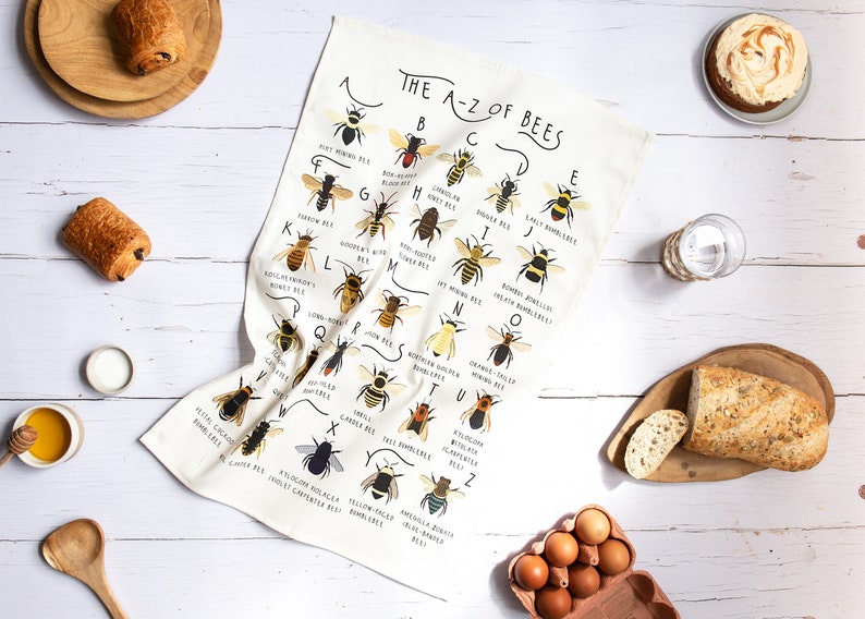 Bee Tea Towel, A-Z of Bees Tea Towel, Illustrated Tea Towel, Bumble Bee Homewares, Bee Gift, Kitchen Accessories Gift, Tea Towel image 1