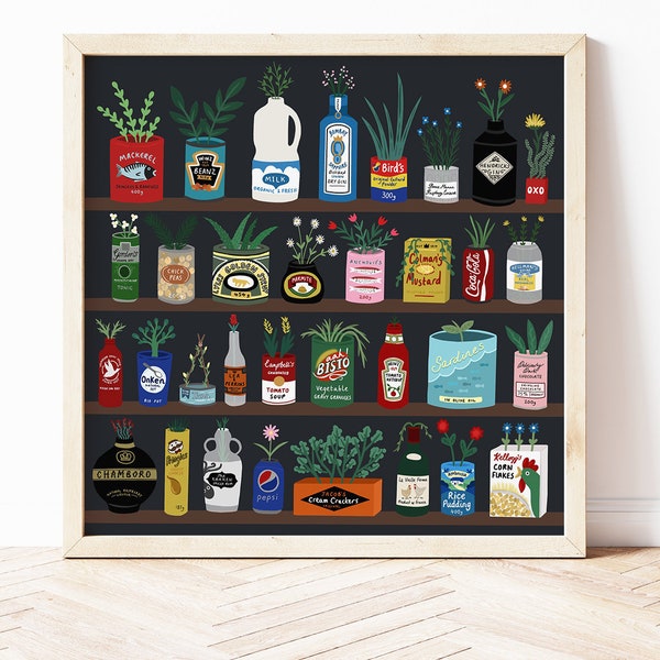 Recycled Bottles Kitchen Print, Kitchen Packaging Print, Cute packaging illustration, Plant Poster, Kitchen Wall art, Gin Bottle print