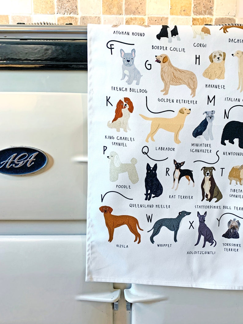 Dogs Tea Towel, A-Z of Dogs Tea Towel, Illustrated Tea Towel, Dog Homewares, Dog lovers Gift, Kitchen Accessories Gift, Tea Towel image 6