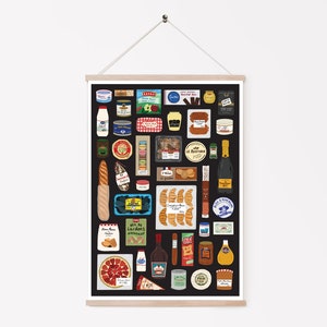 May include: A black and white illustration of a variety of French grocery items, including bread, cheese, wine, pastries, and other food products. The illustration is set against a black background.