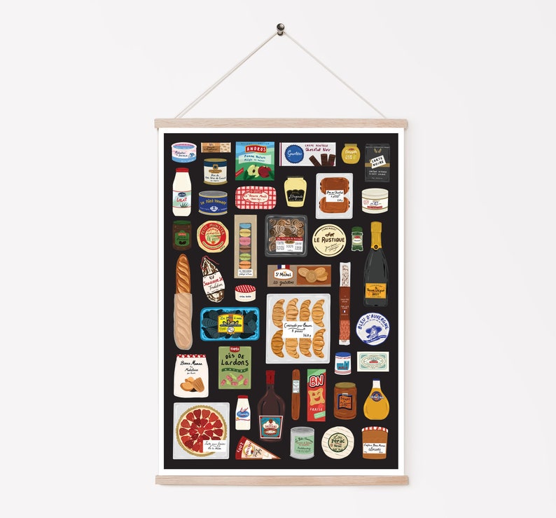 May include: A black and white illustration of a variety of French grocery items, including bread, cheese, wine, pastries, and other food products. The illustration is set against a black background.
