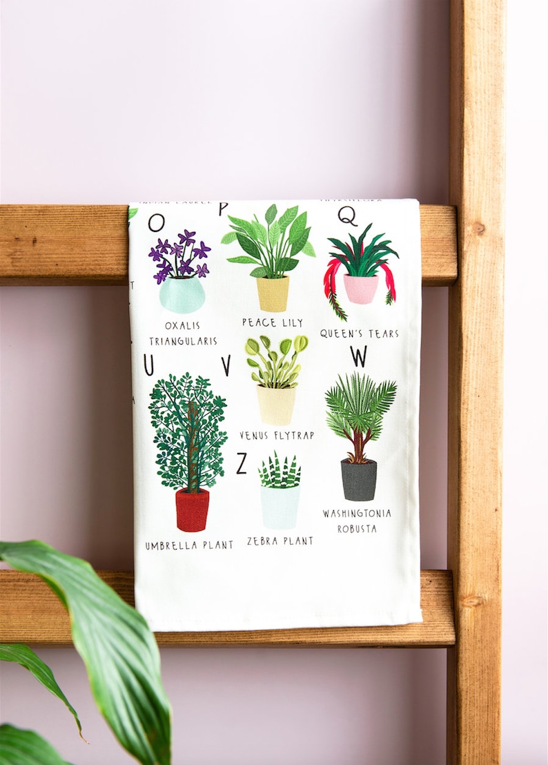 Houseplants Tea towel, A-Z of Houseplants tea towel, Houseplant homewares, kitchen gift, plant lovers gift, plant mum gift, plant tea towel image 2