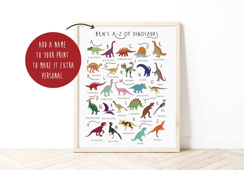 May include: A colorful printable poster featuring an A-Z alphabet of dinosaurs. Each letter is paired with a dinosaur illustration and its name. The poster is titled "Ben's A-Z of Dinosaurs".