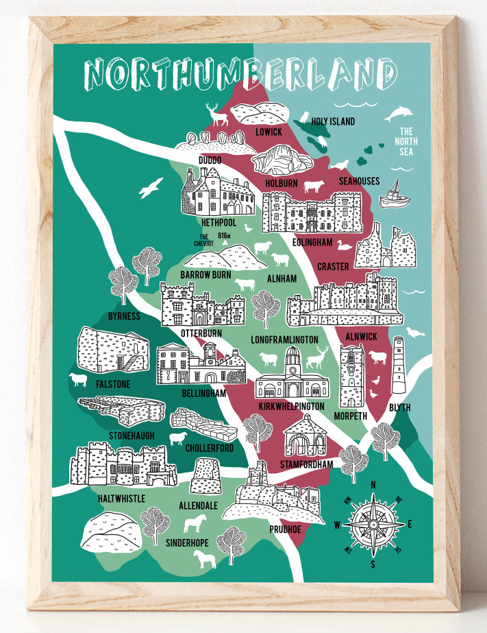 Northumberland Map Illustrated Map Northumberland Gifts Map - Etsy UK