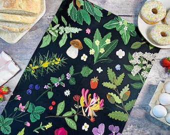 Foraging tea towel, Illustrated nature tea towel, floral tea towel, Plants tea towel, Foraging gift, Edible plants gift, gardening gift