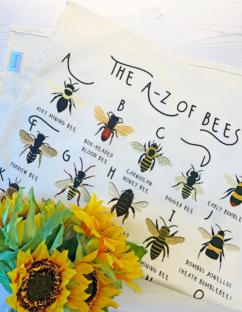 Bee Tea Towel, A-Z of Bees Tea Towel, Illustrated Tea Towel, Bumble Bee Homewares, Bee Gift, Kitchen Accessories Gift, Tea Towel image 6