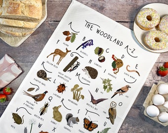 Woodland Tea Towel, A-Z of Woodland Tea Towel, Illustrated Tea Towel, Nature Homewares, Woodland Gift, Kitchen Accessories Gift, Tea Towel