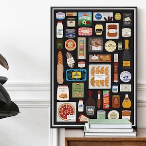 May include: A black and white illustrated poster featuring a variety of French food items, including bread, pastries, cheese, wine, and other grocery items. The poster has the text "Le Mustarde" and "Pain Maison Traditionnel" on it.