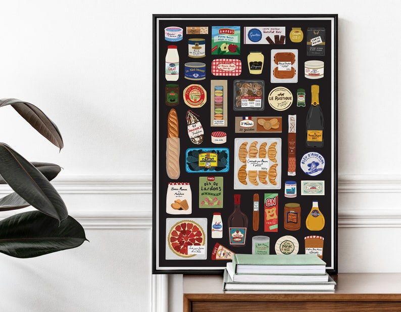 May include: A black and white illustrated poster featuring a variety of French food items, including bread, pastries, cheese, wine, and other grocery items. The poster has the text "Le Mustarde" and "Pain Maison Traditionnel" on it.