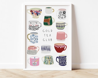 Cold Tea Club Poster, Cute mugs print, Kitchen wall art, Fun kitchen print, New home print, Tea drinkers poster, Tea gift, Coffee Print