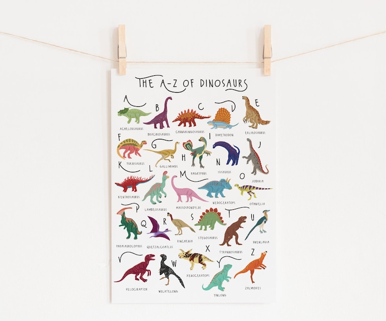 May include: A colorful alphabet chart featuring illustrations of dinosaurs with their names listed below each letter. The chart is titled "The A-Z of Dinosaurs".