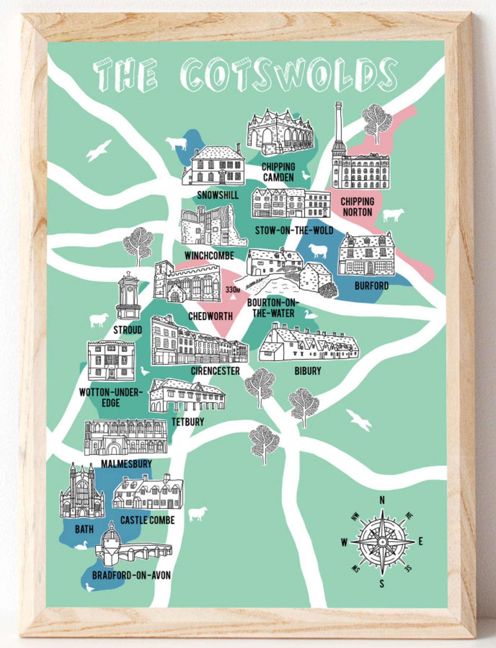 Cotswolds Map Cotswold Gifts Map Illustration County Map Etsy