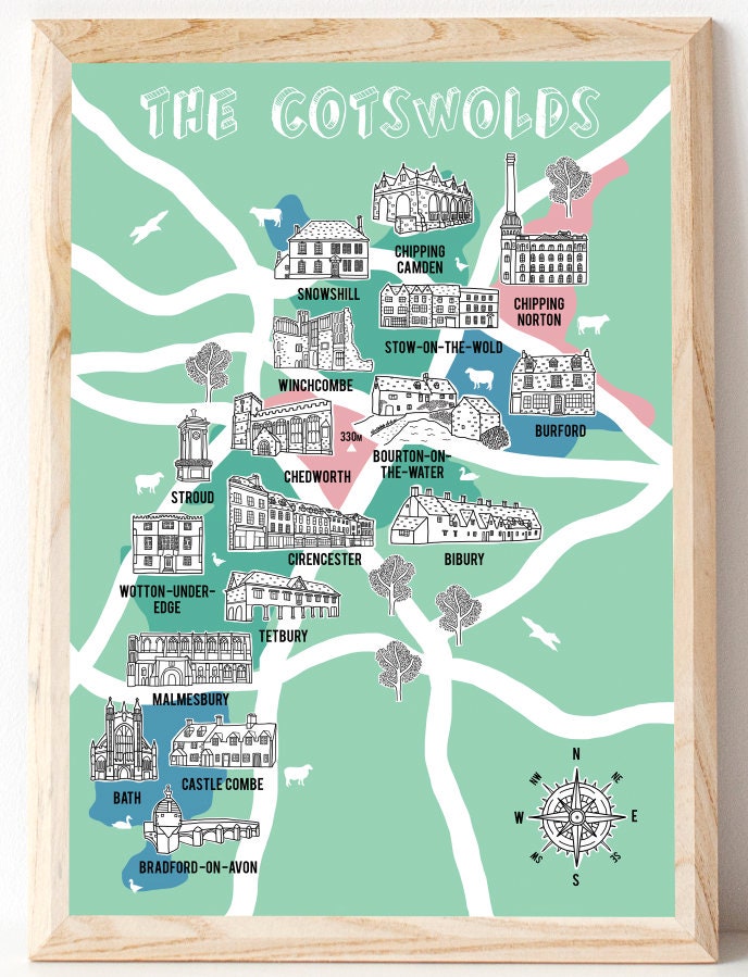 Cotswolds Map Cotswold Gifts Map Illustration County Map Etsy UK