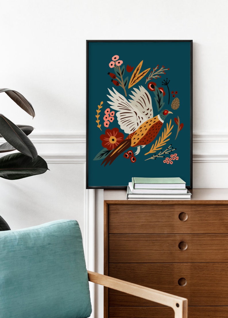 Pheasant Print, Illustrated pheasant poster, Beautiful pheasant print, Game birds illustration, Wildlife art, Kitchen decor, Pheasant gift image 3