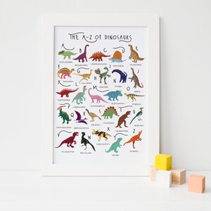 May include: A colorful alphabet chart featuring dinosaurs, with each letter of the alphabet paired with a different dinosaur. The chart is titled "The A-Z of Dinosaurs".
