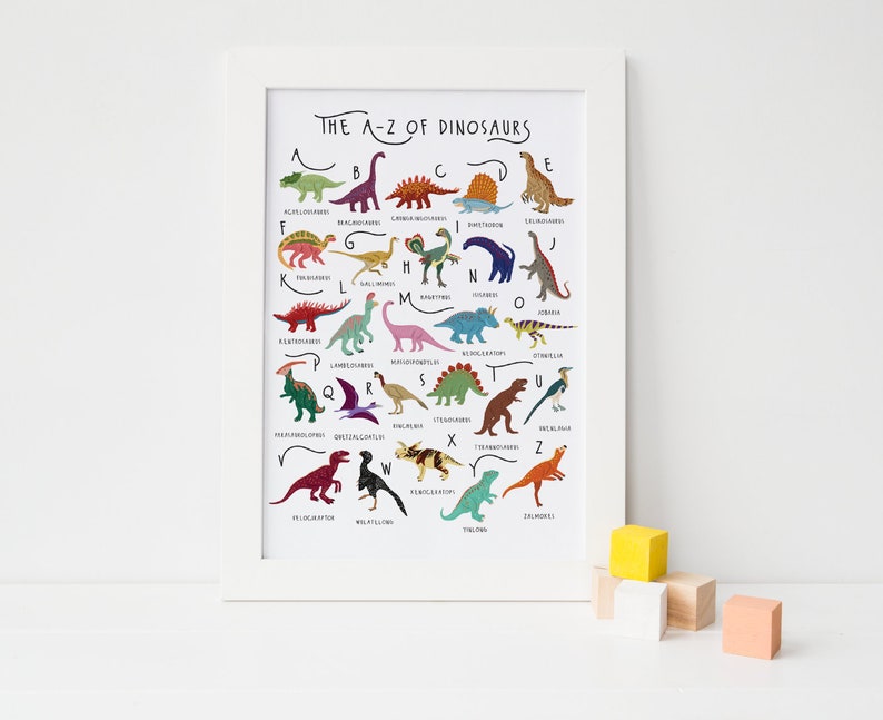 May include: A colorful alphabet chart featuring dinosaurs, with each letter of the alphabet paired with a different dinosaur. The chart is titled "The A-Z of Dinosaurs".