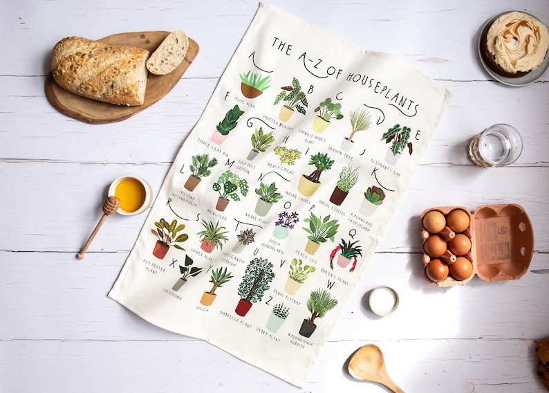 Houseplants Tea towel, A-Z of Houseplants tea towel, Houseplant homewares, kitchen gift, plant lovers gift, plant mum gift, plant tea towel image 1