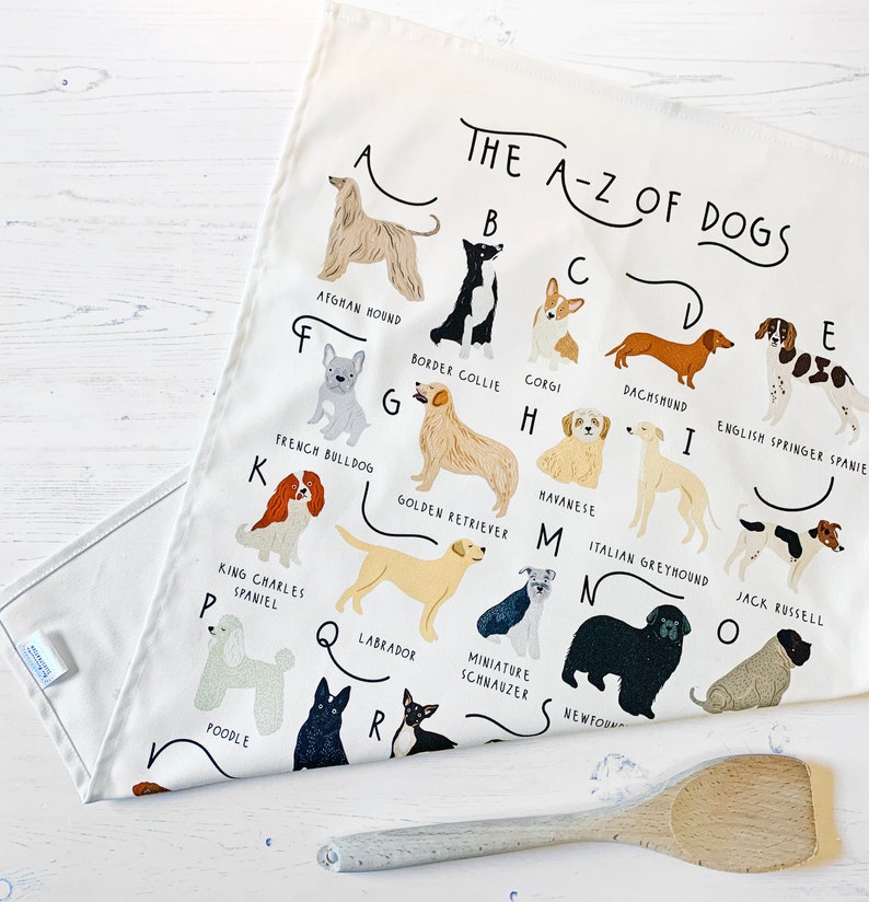 Dogs Tea Towel, A-Z of Dogs Tea Towel, Illustrated Tea Towel, Dog Homewares, Dog lovers Gift, Kitchen Accessories Gift, Tea Towel image 2