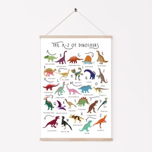 May include: A colorful alphabet chart featuring dinosaurs with their names listed next to each letter. The chart is titled "The A-Z of Dinosaurs".