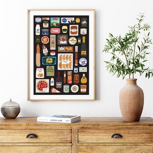 May include: A black and white illustrated poster of a variety of French foods and beverages, including bread, cheese, wine, and pastries. The poster is framed in a light wood frame and is hanging on a white wall.
