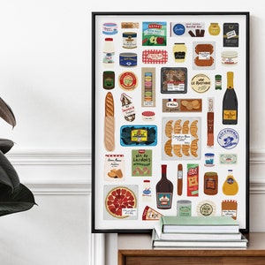 May include: A colorful illustration of French grocery items, including a baguette, croissants, cheese, wine, and other food products. The illustration is set against a white background and framed in black.