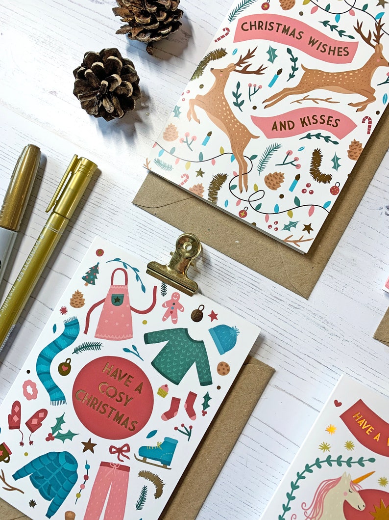 Gold Foiled Christmas Cards set of 4, Cute Christmas Cards, Whimsical Christmas cards, Christmas Card Pack, Illustrated Christmas Card Pack image 7