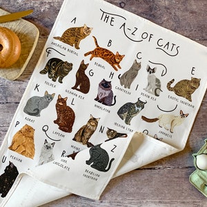 A-Z of Cats Tea Towel, Cat Tea towel, Cat lovers gift, Types of cats tea towel, Kitchen accessories gift, Cat homewares, Crazy cat lady gift