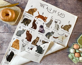 A-Z of Cats Tea Towel, Cat Tea towel, Cat lovers gift, Types of cats tea towel, Kitchen accessories gift, Cat homewares, Crazy cat lady gift