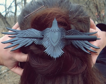 Raven Leather Hair Slide with silver finish