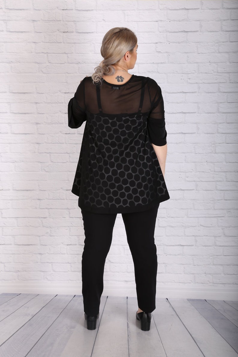 Polka Dot Top Cocktail Top Plus Size Tunic Oversize Tunic Plus Size Clothing Women Tunic Sheer Tunic Party Top Elegant Black Tunic