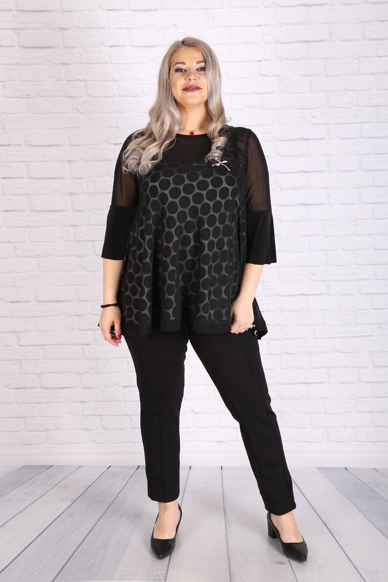 Polka Dot Top Cocktail Top Plus Size Tunic Oversize Tunic Plus Size Clothing Women Tunic Sheer Tunic Party Top Elegant Black Tunic