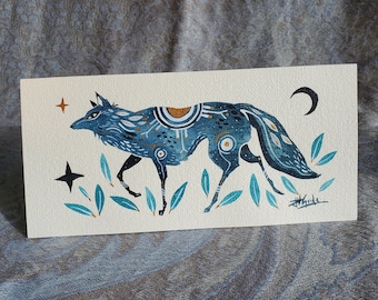 Blue Wolf and Crescent Moon Hand Painted Hemp Card
