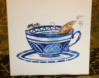 SMALL Mouse in a Teacup Hand-Painted Hemp Card