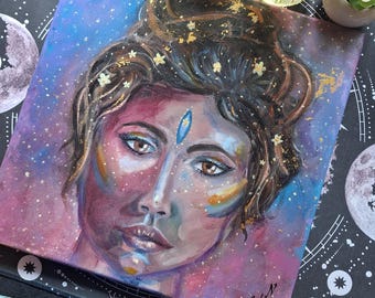 Starseeker | Original Oil Painting | Celestial Goddess Wall Art | Cosmic Spiritual Artwork | Third Eye Painting | 12x12 Original Canvas