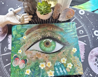Earth Keeper | Original Mixed Media Mother Gaia Painting | Nature Spirit Wall Art | Green Eye Forest Artwork | 8x10 Original Art