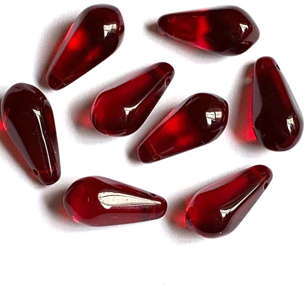 Ten large Czech glass teardrop beads - 9 x 18mm light garnet red pressed glass side drilled faceted drops six sides C0063