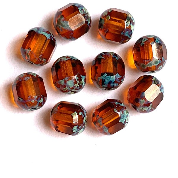 15 Czech glass faceted cathedral or barrel beads six sides - 8mm fire polished amber beads with picasso finish on the ends C0096