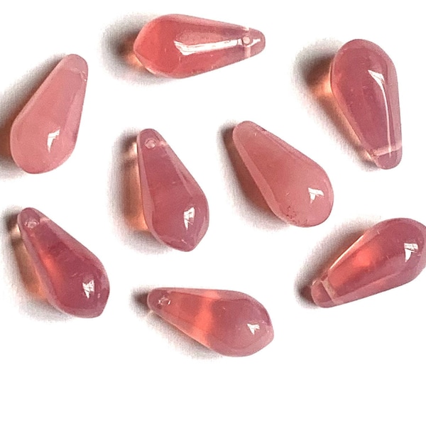 Ten large Czech glass teardrop beads - 9 x 18mm milky pink opal side drilled pressed glass faceted drops six sides C0095