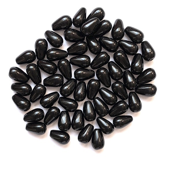 Lot of 25 10 x 6mm Czech glass jet black teardrop beads - center drilled smooth drop beads C0064