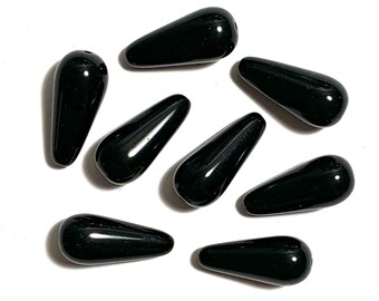 Six large Czech glass teardrop beads - 20 x 9mm jet black drop or pear beads - C0004