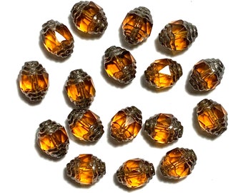 25 Czech glass fire polished faceted fancy antique cut oval cathedral beads - 10 x 8mm topaz brown beads with silver accents - C0058