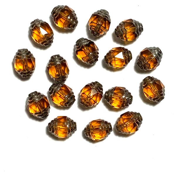 25 Czech glass fire polished faceted fancy antique cut oval cathedral beads - 10 x 8mm topaz brown beads with silver accents - C0058